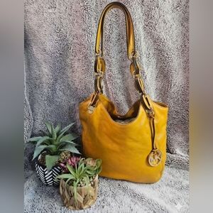 Michael Kors Leather Hobo Tote Shoulder Bag Mustard Acorn Goldenrod Gold MK